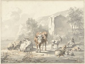 Landskap med boskap och ruin