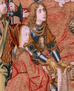 flamländsk gobeläng. Serieavsnitt från The Life of the Virgin. Profetiorna uppfylls vid Kristi födelse (Profetiornas uppfyllelse vid Guds Sons födelse). Första gobelängen i serien. Modeller tillskrivna Jan von Roome (eller van B