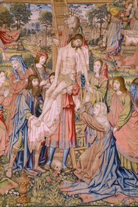 flamländsk gobeläng. Serien The passion of Christ: Descent from the cross (Kruisafneming, Descendimiento de la cruz). Tillverkning Pieter van Aelst. Serietecknaren Jan van Roome. Ca 1507-1520. Detalj.