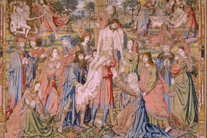 flamländsk gobeläng. Serien The passion of Christ: Descent from the cross (Kruisafneming, Descendimiento de la cruz). Tillverkning Pieter van Aelst. Serietecknaren Jan van Roome. Ca 1507-1520. Detalj.
