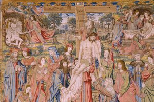 flamländsk gobeläng. Serien The passion of Christ: Descent from the cross (Kruisafneming, Descendimiento de la cruz). Tillverkning Pieter van Aelst. Serietecknaren Jan van Roome. Ca 1507-1520. Detalj.
