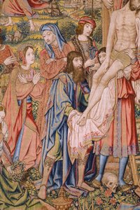 flamländsk gobeläng. Serien The passion of Christ: Descent from the cross (Kruisafneming, Descendimiento de la cruz). Tillverkning Pieter van Aelst. Serietecknaren Jan van Roome. Ca 1507-1520. Detalj.