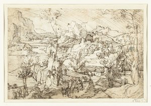 Landskap med stenar, figurer och ett segelfartyg av Jan van Scorel (attributed to)