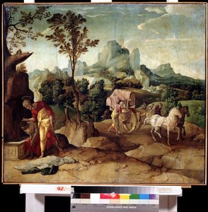 Dopet (Dop). Den helige Filips diakon tillkännager tron ​​till en eunuck av drottningen av Etiopien och döper honom. Målning av Jan van Scorel (1495-1562). Olja på trä, 73 x 82 cm. Holländsk konst, renässans. Far Eastern Museum, Khabarovsk.