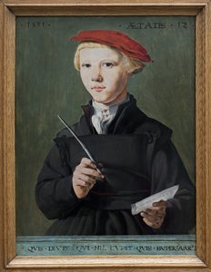 Porträtt av en ung skolpojke. målning av Jan Van Scorel (1495-1562), olja på trä