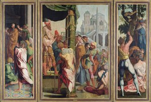 Predikan, arresteringen och martyrskapet av St. James the Greater, från Polyptych of St. Stephen and St. James the Greater, c.1541