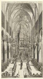 Lijkdienst voor Filips IV te Bryssel, 1665 Det brinnande kapellet och begravningsprocessionen av Philippe IIIe roy des Espaignes gjord i kyrkan Ste. Gudule i ordning av s. överskott. markisen av Castel Rodrigo den 4 och 5 november 1665 (titel på objektet)