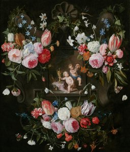 Ett kartuschstilleben av blommor runt en allegorisk bild av Putti med kostsamma föremål och en mask, 1648