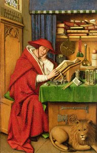 St. Hieronymus i hans studie (olja på linnepapper på panel) av Jan van Eyck