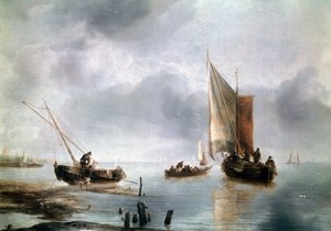 Ett litet fartyg i lätt luft, och ett annat i land, ca 1650-1660, av Jan van de Cappelle (1624-ca 1679), olja på duk, 34, 8x48