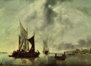 Lugn eller, båtar nära kusten, efter 1651 (olja på duk)