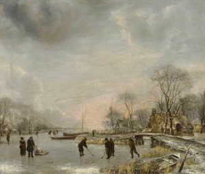 ""Vinterlandskap med golfspelare på isen"" (Vinterlandskap med Kolfspelare) Målning av Jan van de Cappelle (1626-1679)