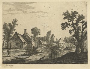 Byutsikt med kvinna och barn på bygatan av Jan van de Cappelle (attributed to)