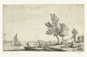 Flodlandskap med två män i en roddbåt av Jan van de Cappelle (attributed to)