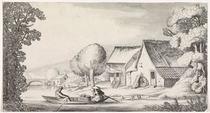 Bonde och bondhustru i en roddbåt Playsante-landskap och underhållande sevärdheter (serietitel) av Jan van de Velde (II)