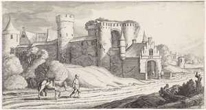 Bonde med häst på en väg förbi ett slott Playsante landskap och roliga ansikten (serietitel) av Jan van de Velde (II)