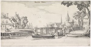 Båtar vid en brygga i en by Lekfulla landskap och underhållande ansikten (serietitel) av Jan van de Velde (II)