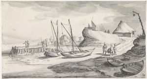 Båtar på en flodstrand Playsante landskap och roliga ansikten (serietitel) av Jan van de Velde (II)
