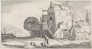 Tre konvergerande figurer på ett värdshus Lekfulla landskap och underhållande ansikten (serietitel) av Jan van de Velde (II)