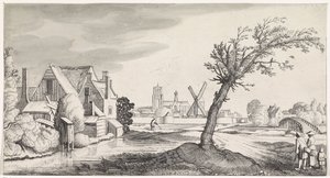 Familj i ett hus med en stad i bakgrunden Playsante landskap och roliga ansikten (serietitel) av Jan van de Velde (II)