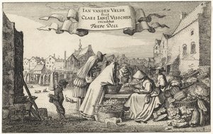 Figurer vid ett grönsaksstånd på en marknad Landskap (serietitel) Amenissimae aliquot requculae (serietitel) av Jan van de Velde (II)