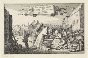 Figurer vid ett grönsaksstånd på en marknad Landskap (serietitel) Amenissimae aliquot requculae (serietitel) av Jan van de Velde (II)
