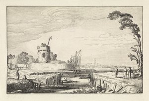 Figurer vid en hamn och ett torn Landskap (serietitel) Amenissimae aliquot requculae (serietitel) av Jan van de Velde (II)