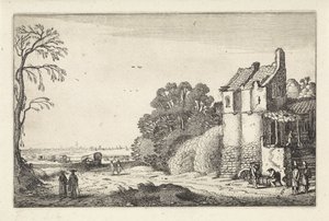 Figurer vid ett hus och täckta vagnar på en landsväg Landskap (serietitel) Amenissimae aliquot requculae (serietitel) av Jan van de Velde (II)