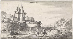 Figurer på ett slott i ett flodlandskap Lekfulla landskap och underhållande ansikten (serietitel)