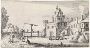 Figurer vid en vindbro för en by med ett kyrktorn Playsante landskap och roliga ansikten (serietitel) av Jan van de Velde (II)
