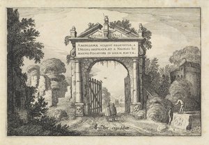 Figurer vid en port i ett landskap Landskap (serietitel) Amenissimae aliquot requculae (serietitel på objekt) av Jan van de Velde (II)
