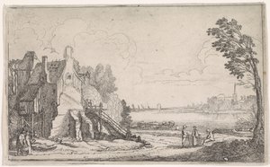 Figurer vid ett fallfärdigt hus vid en flod Flodlandskap (serietitel) av Jan van de Velde (II)