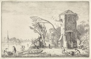Figurer i ett vinterlandskap med ett torn Landskap (serietitel) Amenissimae aliquot requculae (serietitel) av Jan van de Velde (II)