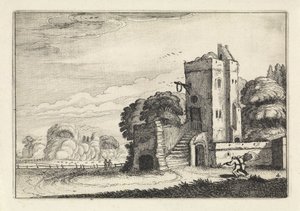 Figurer med en fågelkorg nära ett torn i ett landskap Landskap (serietitel) Amenissimae aliquot requculae (serietitel) av Jan van de Velde (II)