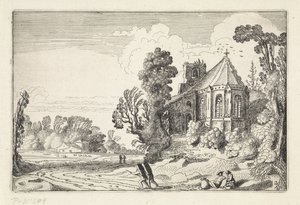 Figurer på en landsväg nära en kyrkoruin Landskap (serietitel) Amenissimae aliquot requculae (serietitel) av Jan van de Velde (II)