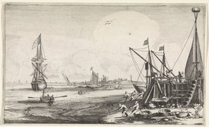 Hamnhuvud med fiskare som drar in sina nät Seascapes (serietitel) av Jan van de Velde (II)