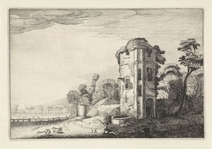 Herde nära ett torn med en brunn Landskap (serietitel) Amenissimae aliquot requculae (serietitel) av Jan van de Velde (II)