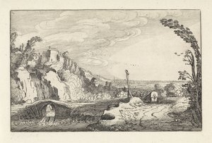 Täckt vagn på en stig i ett bergigt flodlandskap Landskap (serietitel) Amenissimae aliquot requculae (serietitel) av Jan van de Velde (II)
