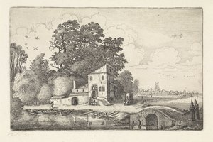 Hus vid en stenbro i ett flodlandskap Landskap (serietitel) Amenissimae aliquot requculae (serietitel) av Jan van de Velde (II)