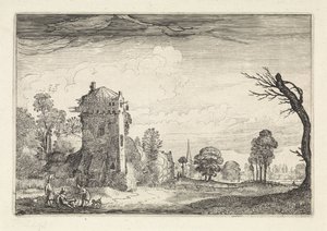 Jägare med hundar vid ett torn i ett landskap Landskap (serietitel) Amenissimae aliquot requculae (serietitel) av Jan van de Velde (II)