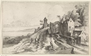 Kustlandskap med en vattenkvarn Seascapes (serietitel) av Jan van de Velde (II)