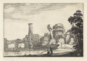 Pont vid en bro och en ruin Landskap (serietitel) Amenissimae aliquot requculae (serietitel) av Jan van de Velde (II)