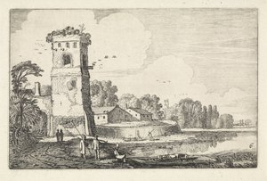 Pont med får vid ett torn i ett flodlandskap Landskap (serietitel) Amenissimae aliquot requculae (serietitel) av Jan van de Velde (II)