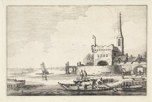 Pont med boskap vid en fästning i ett flodlandskap Landskap (serietitel) Amenissimae aliquot requculae (serietitel) av Jan van de Velde (II)