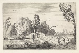 Flodlandskap med en stenbro Landskap (serietitel) Amenissimae aliquot requculae (serietitel) av Jan van de Velde (II)