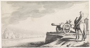 Ryttare och två soldater vid en kanon på en flodstrand Playsante landskap och roliga ansikten (serietitel) av Jan van de Velde (II)