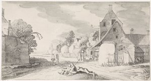 Bönder vilar längs en väg i en by Lekfulla landskap och underhållande ansikten (serietitel) av Jan van de Velde (II)