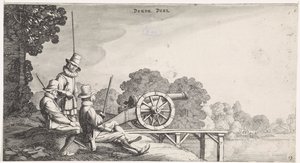 Soldater nära en kanon på en brygga vid en flod Lekfulla landskap och underhållande ansikten (serietitel) av Jan van de Velde (II)