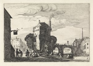 Stadsbild med en bro över en flod Landskap (serietitel) Amenissimae aliquot requculae (serietitel) av Jan van de Velde (II)