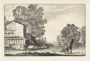 Tobias och ängeln i ett landskap med en ruin Landskap (serietitel) Amenissimae aliquot requculae (serietitel) av Jan van de Velde (II)
